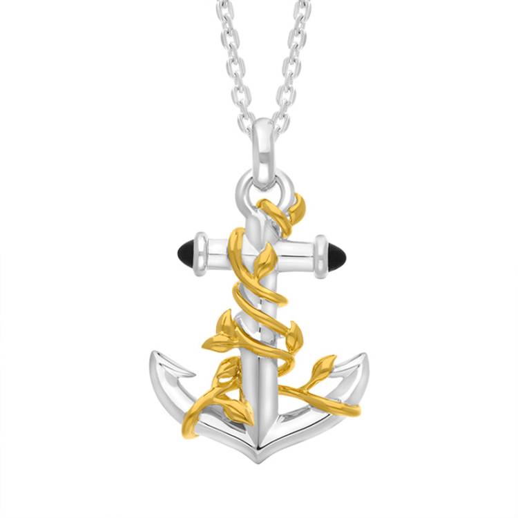 Gold Plated Sterling Silver Whitby Jet Vine Anchor Necklace - Silver