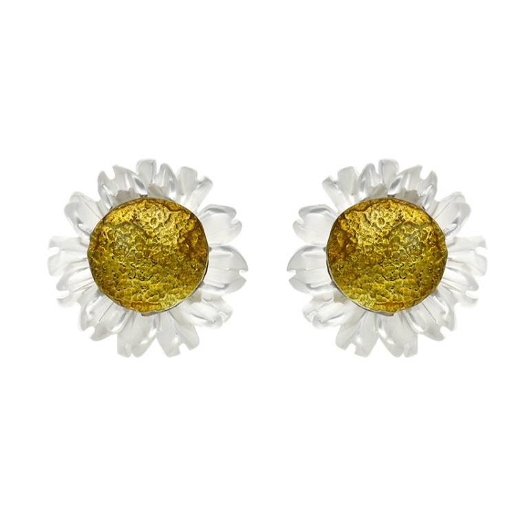 Gold Plated Sterling Silver White Mother Of Pearl Tuberose 8mm Daisy Earrings - Gold