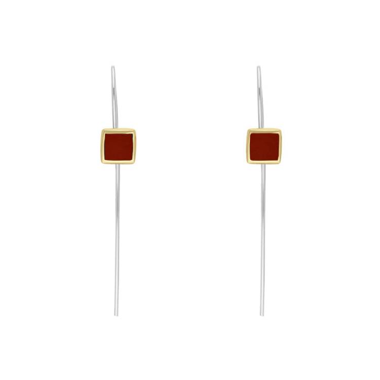 9ct Yellow Gold Sterling Silver Carnelian Stepping Stones 5mm Square Hook Earrings
