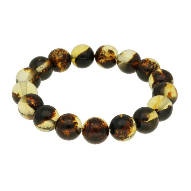 Green Amber Elasticated Round Bracelet - Silver