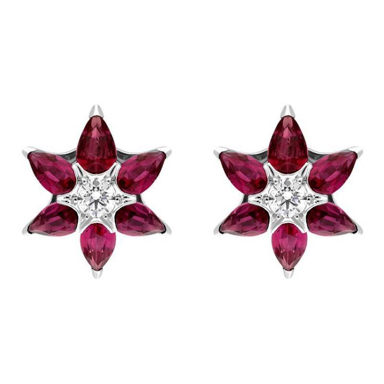 Hans D. Krieger 18ct White Gold 1.90ct Ruby Diamond Flower Stud Earrings