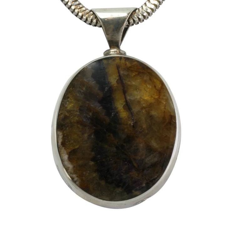 Sterling Silver Blue John Double Sided Oval Large Fob Necklace - Silver