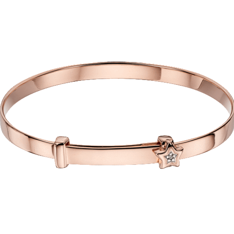 Little Star Gracie Rose Gold Plated Sterling Silver Diamond Star Christening Bangle - Silver