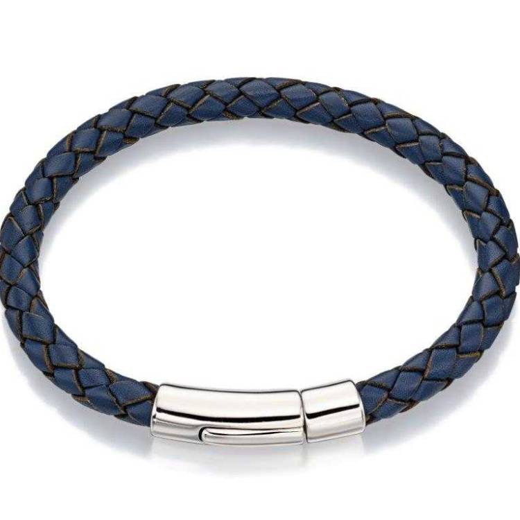 Little Star Hugo Sterling Silver Boys Navy Leather Bracelet - Silver