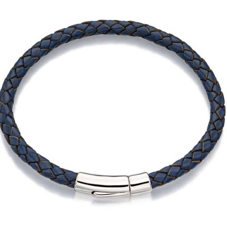Little Star Reed Sterling Silver Mens Navy Leather Bracelet - Silver