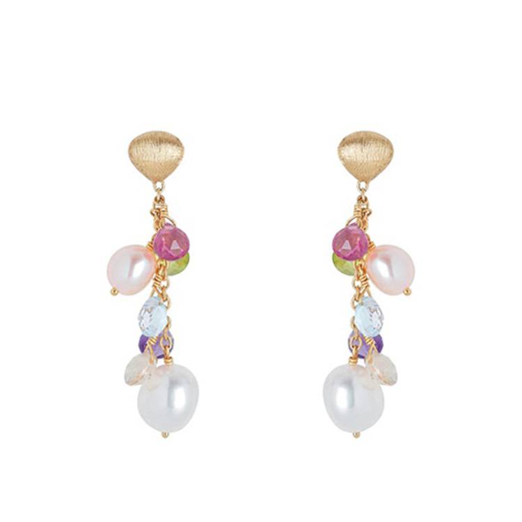 Marco Bicego Paradise 18ct Yellow Gold Pearl and Multicolour Gemstone Drop Earrings