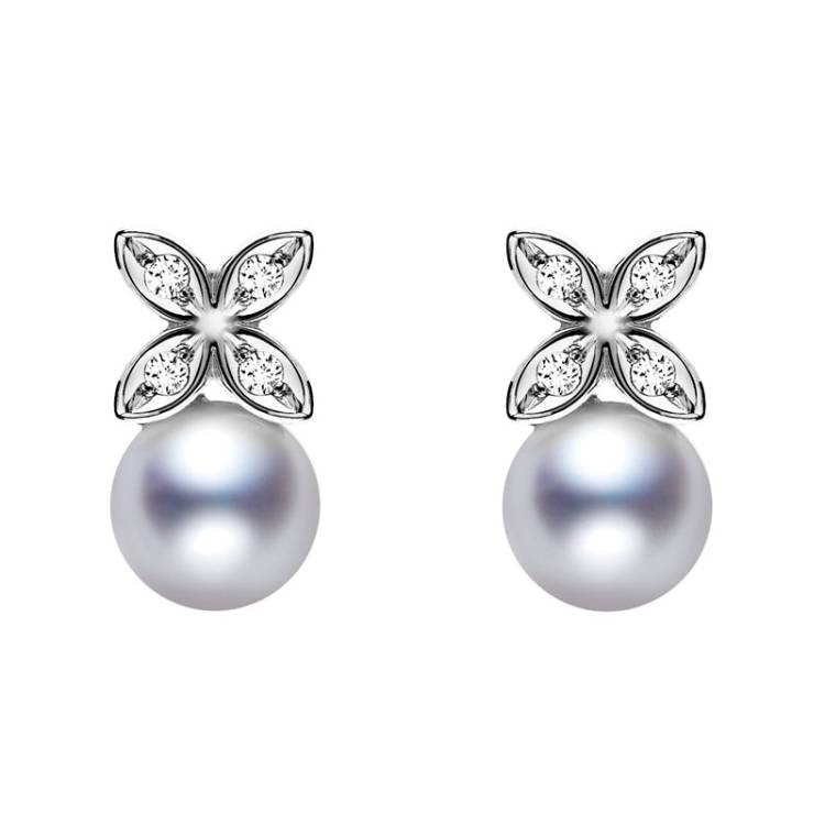 Mikimoto Star 18ct White Gold Diamond 5.75mm White Akoya Pearl Flower Earrings - White