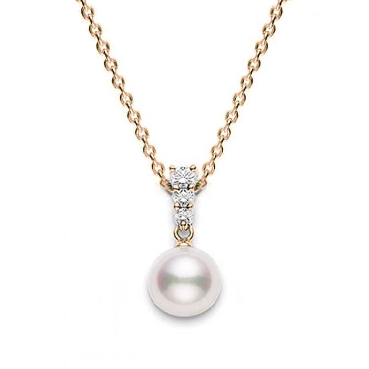 Mikimoto 18ct Rose Gold Diamond 8mm White Akoya Pearl Necklace