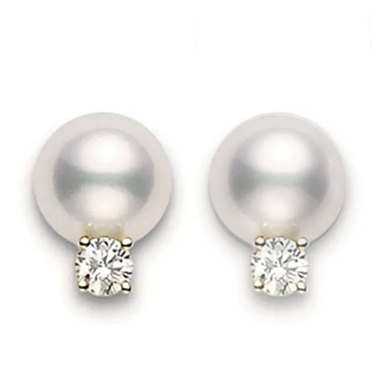 Mikimoto 18ct White Gold Diamond 6mm White Akoya Pearl Stud Earrings - White Gold