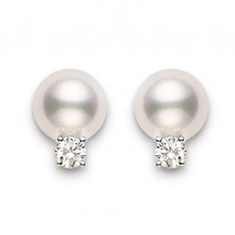 Mikimoto 18ct White Gold Diamond 7.5mm AA Akoya Pearl Stud Earrings - White Gold