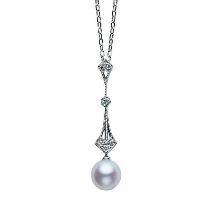 Mikimoto 18ct White Gold Diamond 7.5mm White Akoya Pearl Drop Pendant