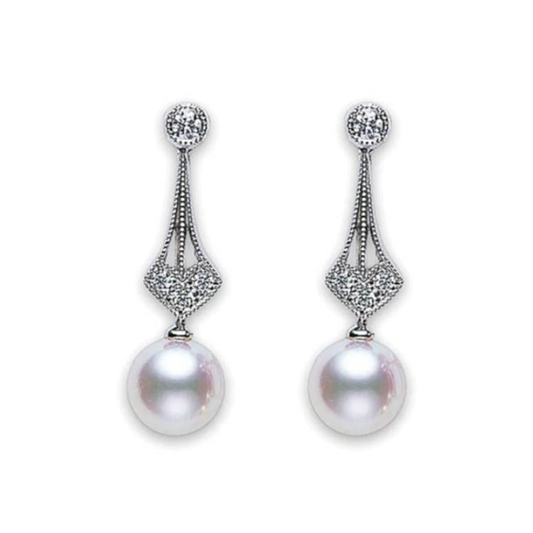 Mikimoto 18ct White Gold Diamond 7mm White Akoya Pearl Drop Earrings - TITLE White Gold
