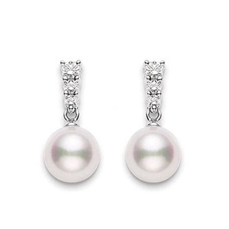 Mikimoto 18ct White Gold Diamond 8mm White Akoya Pearl Earrings - White Gold