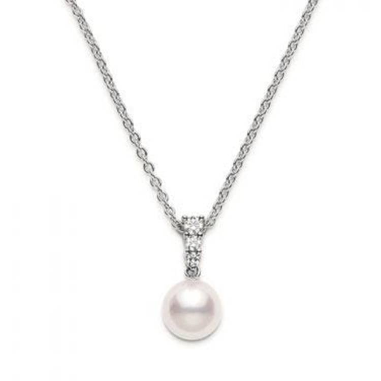 Mikimoto 18ct White Gold Diamond 8mm White Akoya Pearl Necklace - White Gold