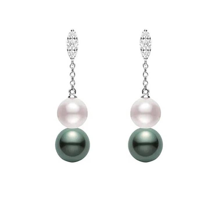Mikimoto Morning Dew 18ct White Gold Diamond Black South Sea and Akoya Pearl Earrings - White Gold