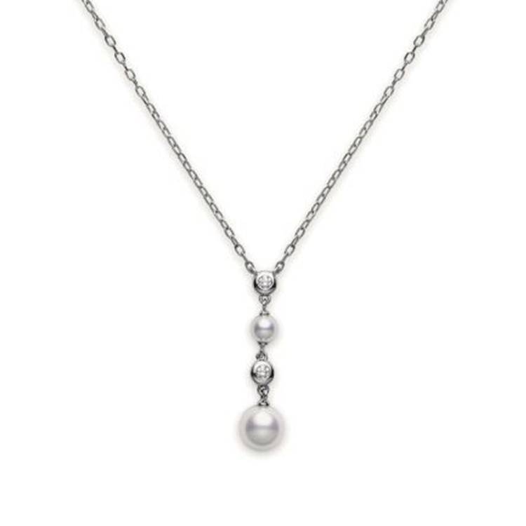 Mikimoto 18ct White Gold Diamond White Akoya Pearl Drop Pendant