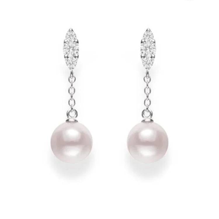 Mikimoto Morning Dew 18ct White Gold Diamond White Akoya Pearl Long Drop Earrings - White Gold