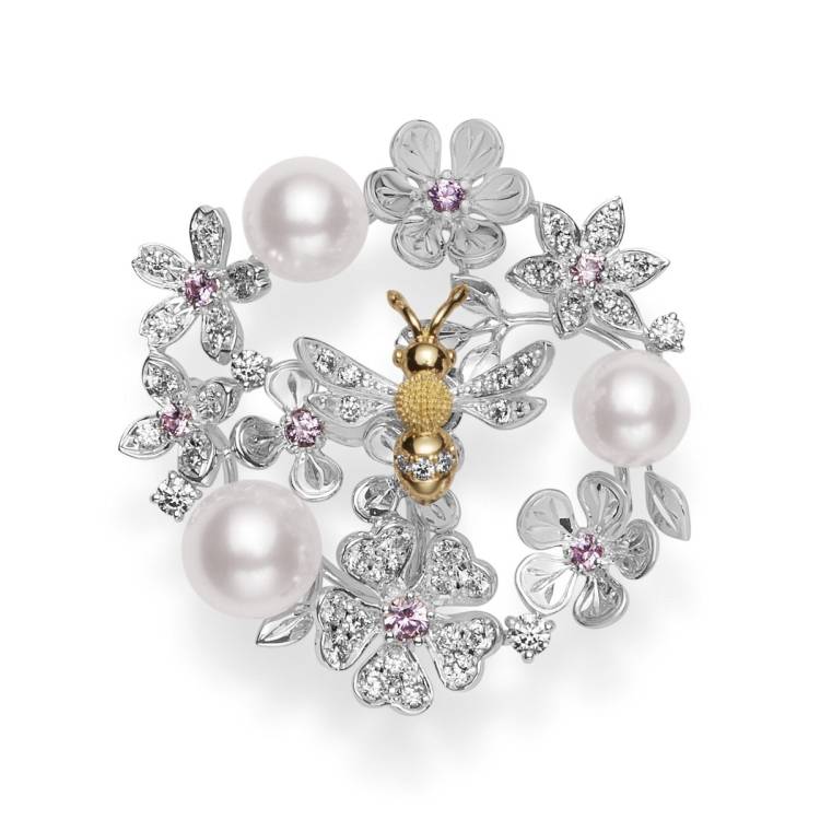 Mikimoto 18ct White Gold Pink Sapphire Diamond Akoya Pearl Bee Brooch - White Gold