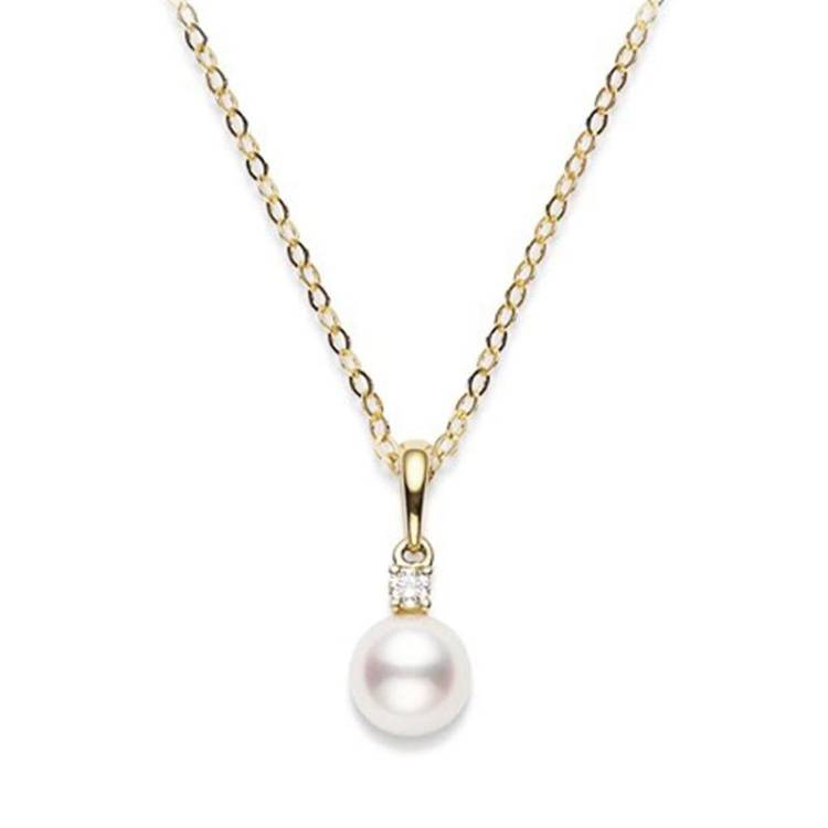 Mikimoto 18ct Yellow Gold Diamond 6mm White AA Akoya Pearl Necklace - Yellow Gold