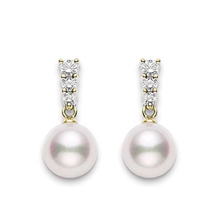 Mikimoto 18ct Yellow Gold Diamond 8mm White Akoya Pearl Earrings