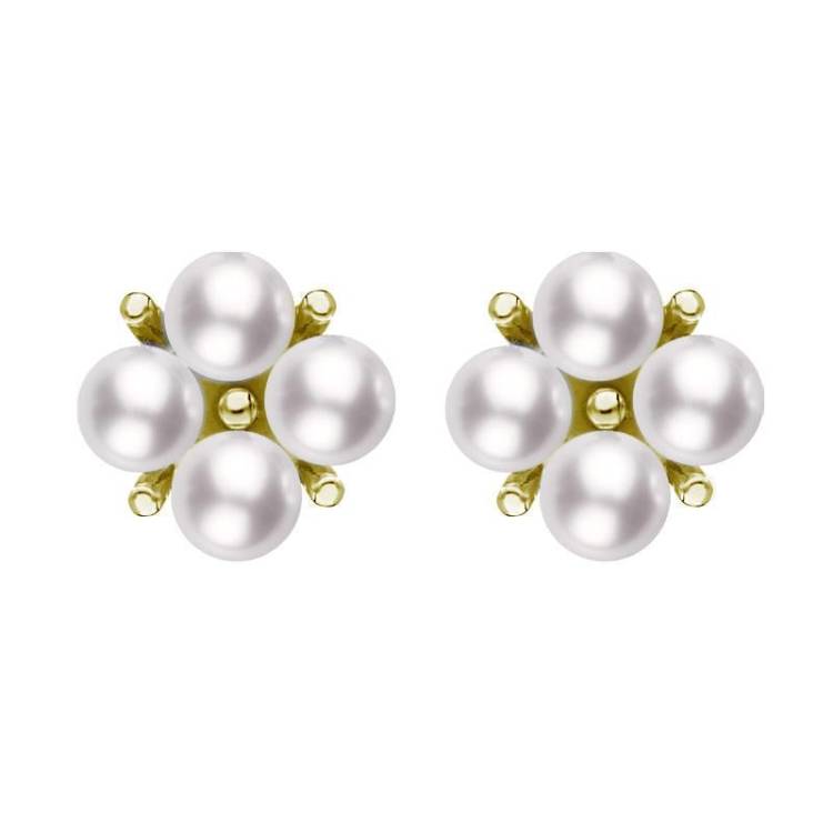 Mikimoto 18ct Yellow Gold 3.25mm Akoya Pearl Floral Cluster Stud Earrings