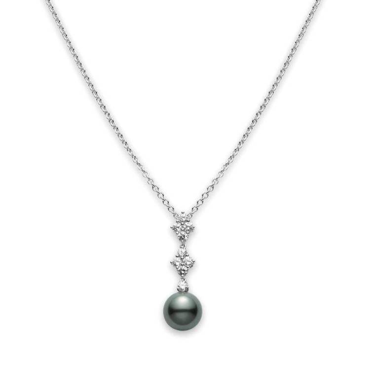 Mikimoto Classic Elegance 18ct White Gold Diamond Black South Sea Pearl Pendant - White Gold