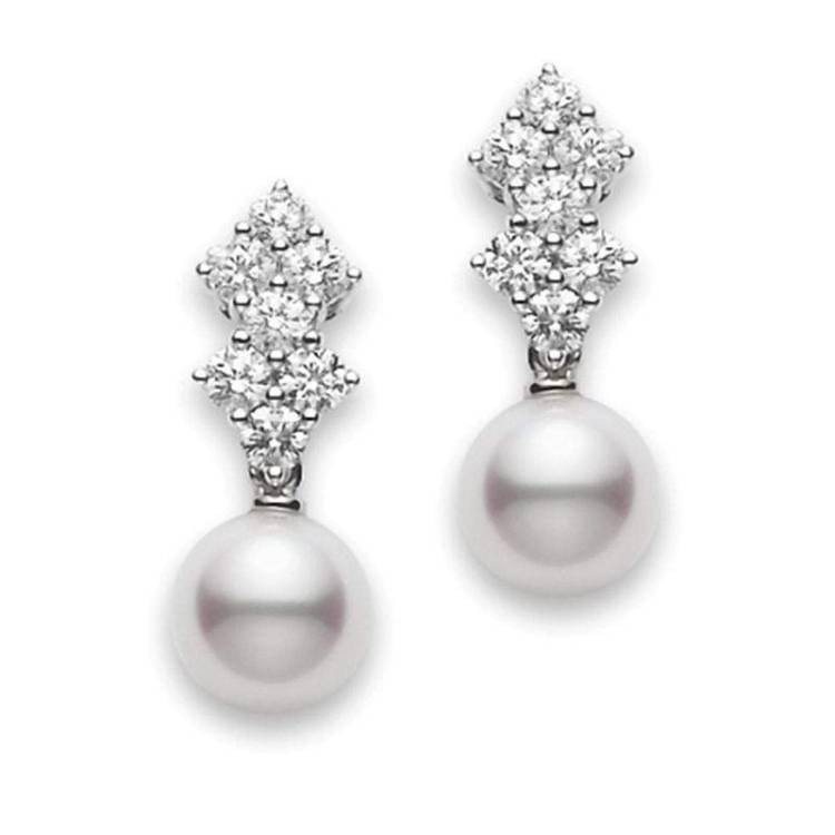 Mikimoto Classic Elegance 18ct White Gold Diamond White Akoya Pearl Drop Earrrings - White Gold