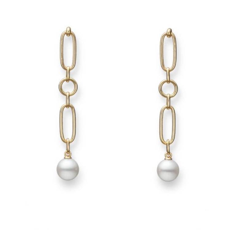 Mikimoto M Code 18ct Yellow Gold White Akoya Pearl Drop Earrrings - Yellow Gold