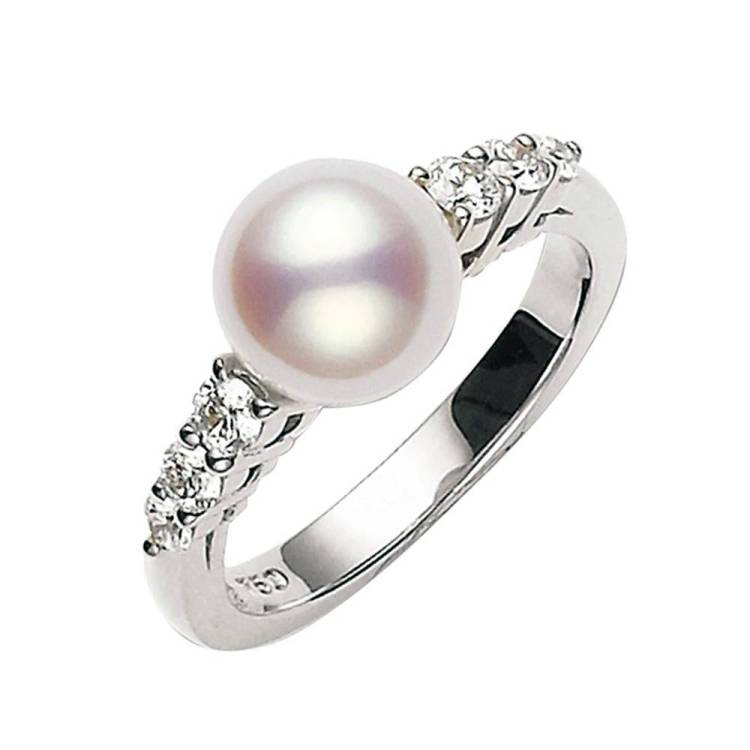 Mikimoto Morning Dew 18ct White Gold Diamond White Akoya Pearl Ring - 54