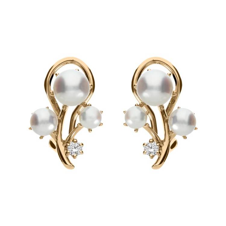 Mikimoto 18ct Rose Gold Diamond White Akoya Pearl Branch Earrings
