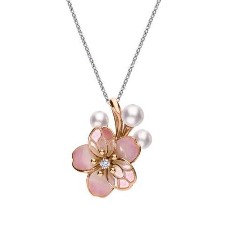Mikimoto 18ct Rose Gold Diamond Akoya Pearl Cherry Blossom Necklace - Option1 Value Rose Gold