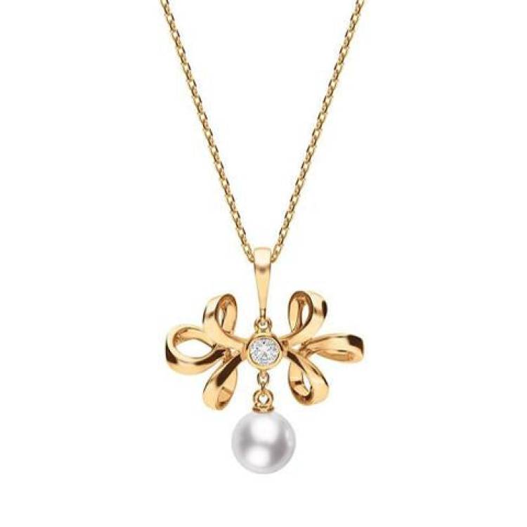 Mikimoto 18ct Rose Gold Diamond White Akoya Pearl Bow Necklace D - Silver