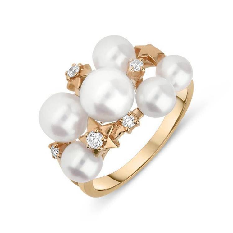 Mikimoto 18ct Rose Gold Diamond White Akoya Pearl Stars Ring - 56