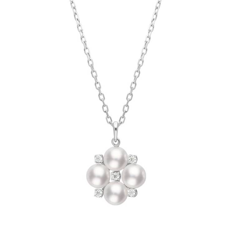 Mikimoto 18ct White Gold 5mm Akoya Pearl Diamond Floral Cluster Necklace - White Gold