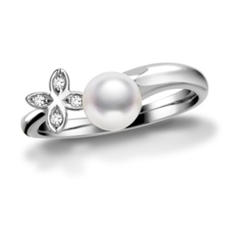 Mikimoto 18ct White Gold 6mm White Akoya Pearl Floral Ring - 56
