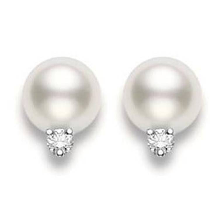 Mikimoto 18ct White Gold Diamond 10mm White A+ South Sea Pearl Stud Earrings - White Gold