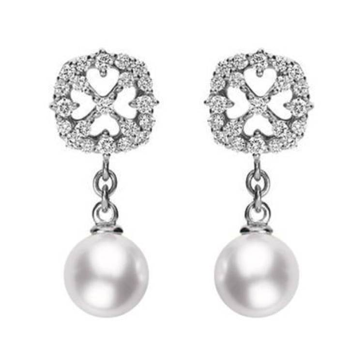 Mikimoto 18ct White Gold Diamond 4mm White A+ Akoya Pearl Drop Earrings - Option1 Value White Gold