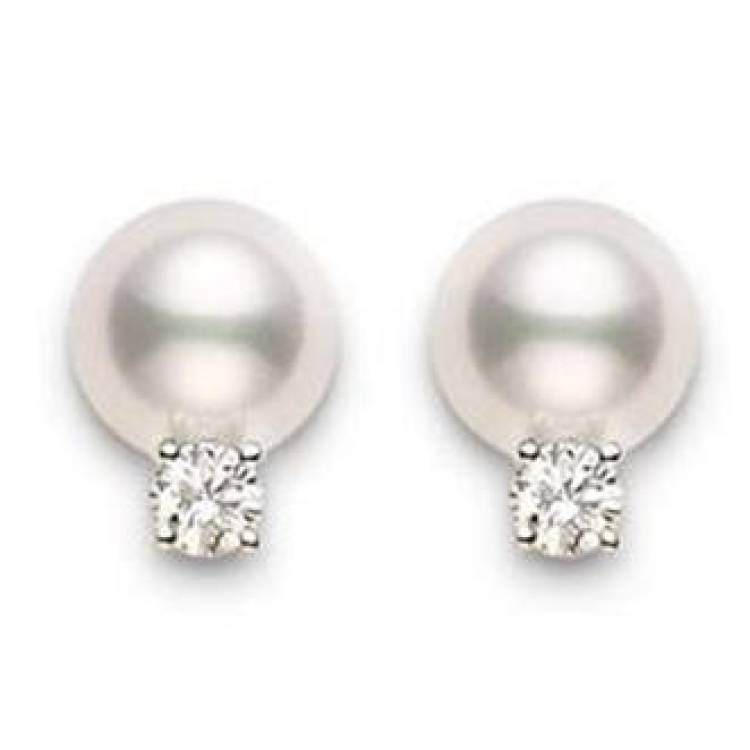 Mikimoto 18ct White Gold Diamond 7mm White AA Akoya Pearl Stud Earrings - White Gold