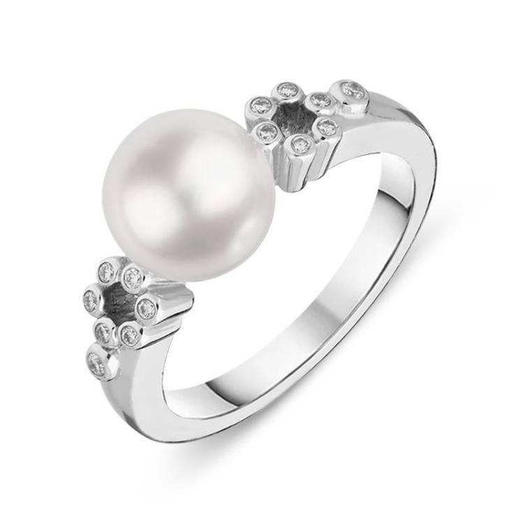 Mikimoto 18ct White Gold Diamond 8.5mm White Akoya Pearl Ring D - M