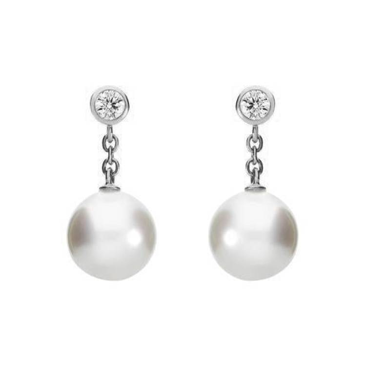Mikimoto 18ct White Gold Diamond 8mm White A+ Akoya Pearl Drop Earrings