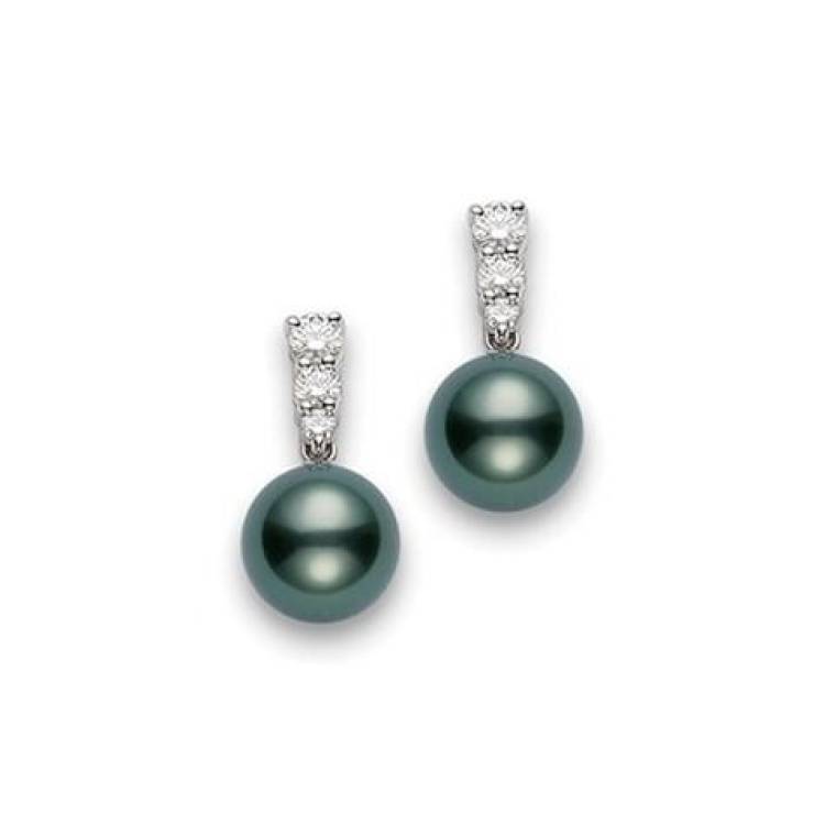 Mikimoto 18ct White Gold Diamond Black South Sea Pearl Earrings - White Gold