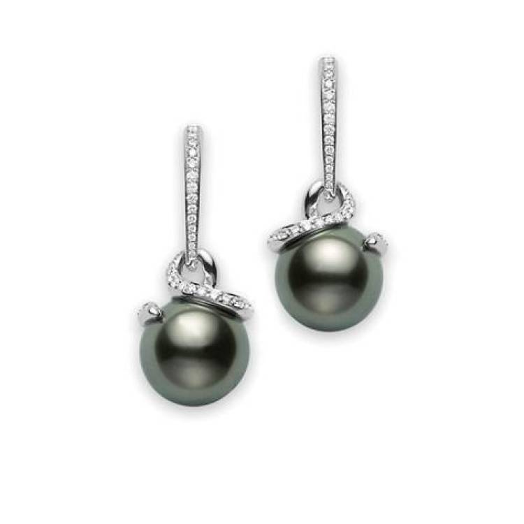 Mikimoto 18ct White Gold Diamond Black South Sea Pearl Twisted Earrings - White Gold