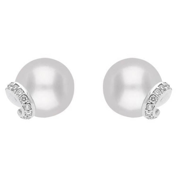 Mikimoto 18ct White Gold Diamond White A+ Akoya Pearl Stud Earrings