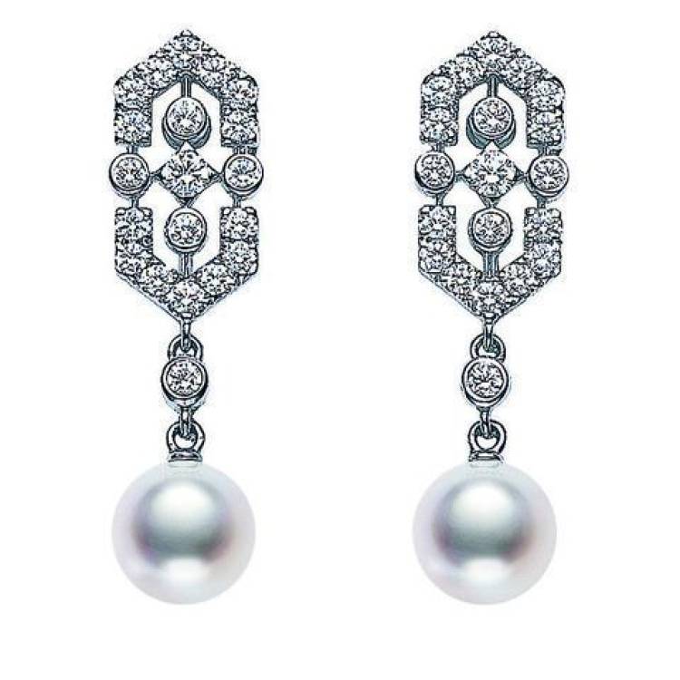 Mikimoto 18ct White Gold Diamond White Akoya Pearl Art Deco Earrings - Option1 Value White Gold