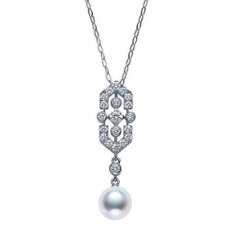 Mikimoto 18ct White Gold Diamond White Akoya Pearl Art Deco Necklace - Option1 Value White Gold