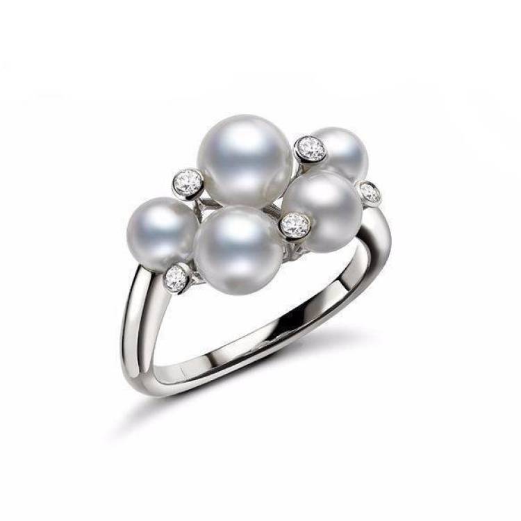 Mikimoto 18ct White Gold Diamond White Akoya Pearl Bubble Ring - 50