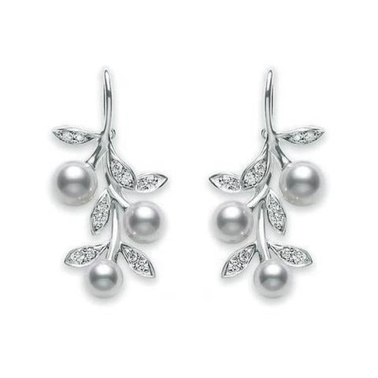 Mikimoto 18ct White Gold Diamond White Akoya Pearl Floral Drop Earrings - TITLE White Gold