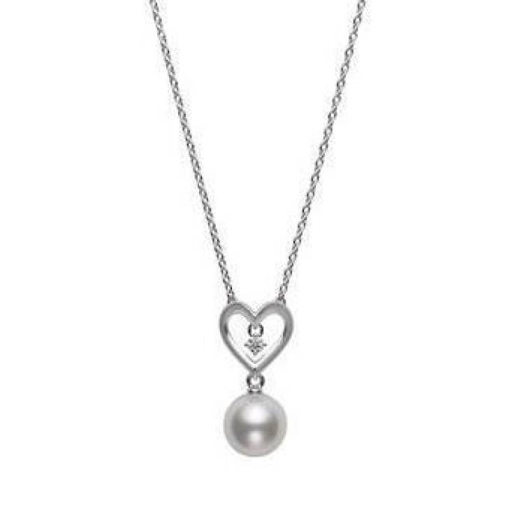 Mikimoto 18ct White Gold Diamond White Akoya Pearl Heart Necklace - Option1 Value White Gold