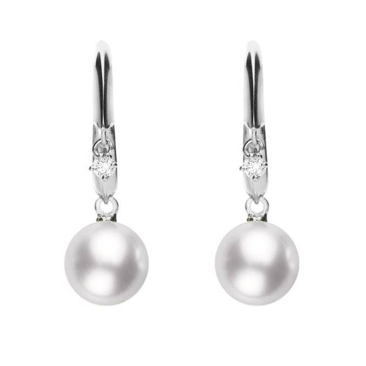 Mikimoto 18ct White Gold Diamond White Akoya Pearl Hook Earrings - Option1 Value White Gold