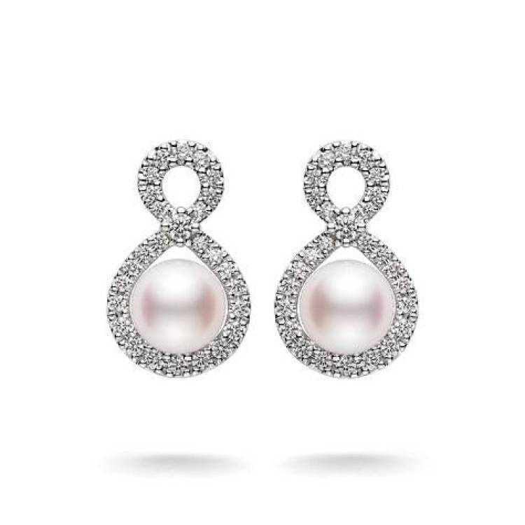 Mikimoto 18ct White Gold Diamond White Akoya Pearl Infinity Earrings - White Gold